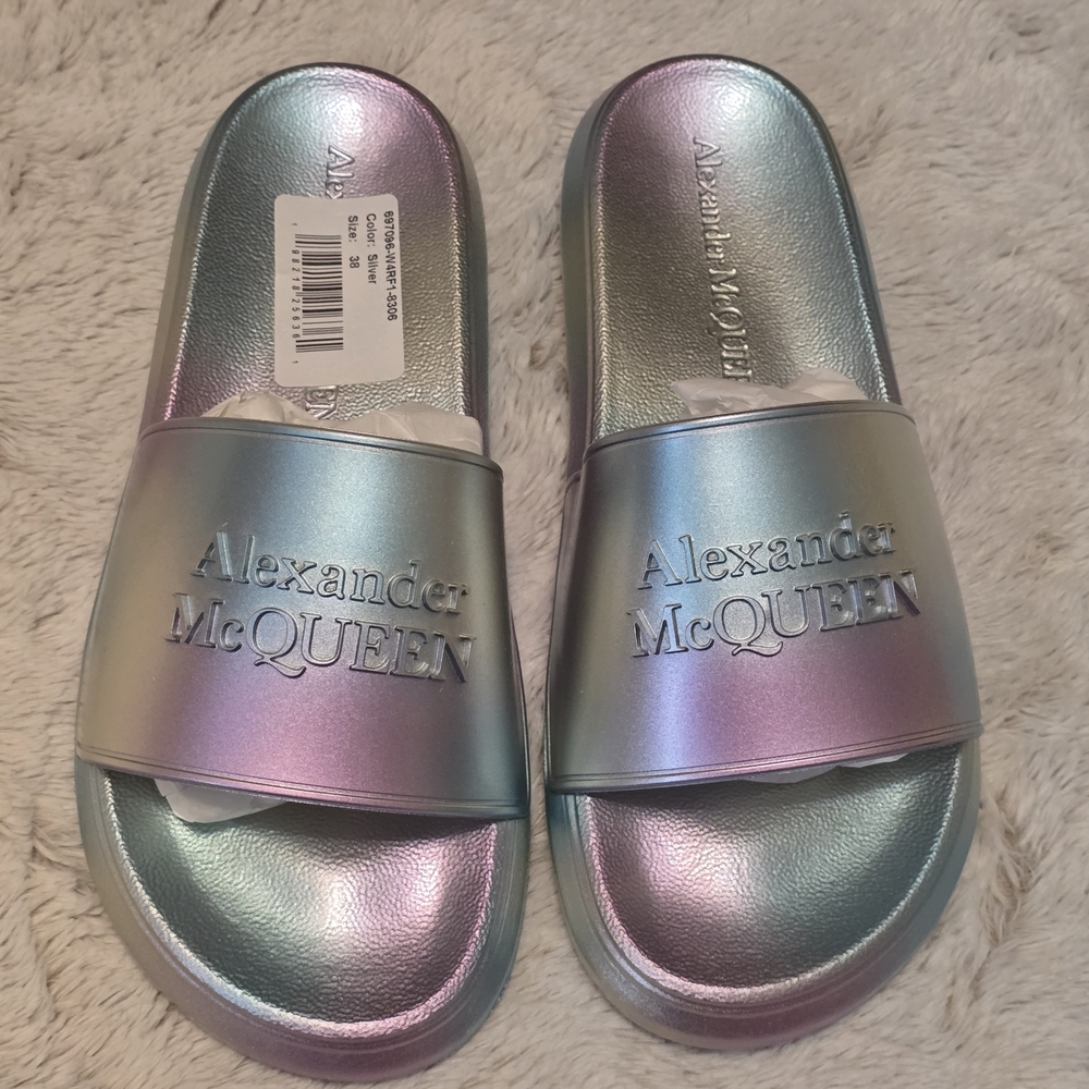 Alexander McQueen Iridescent Pink Blue Slide Sandals